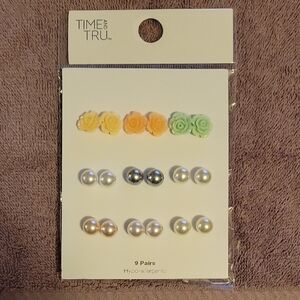 Time and Tru Yellow, Green Floral and Pearl Earring Set